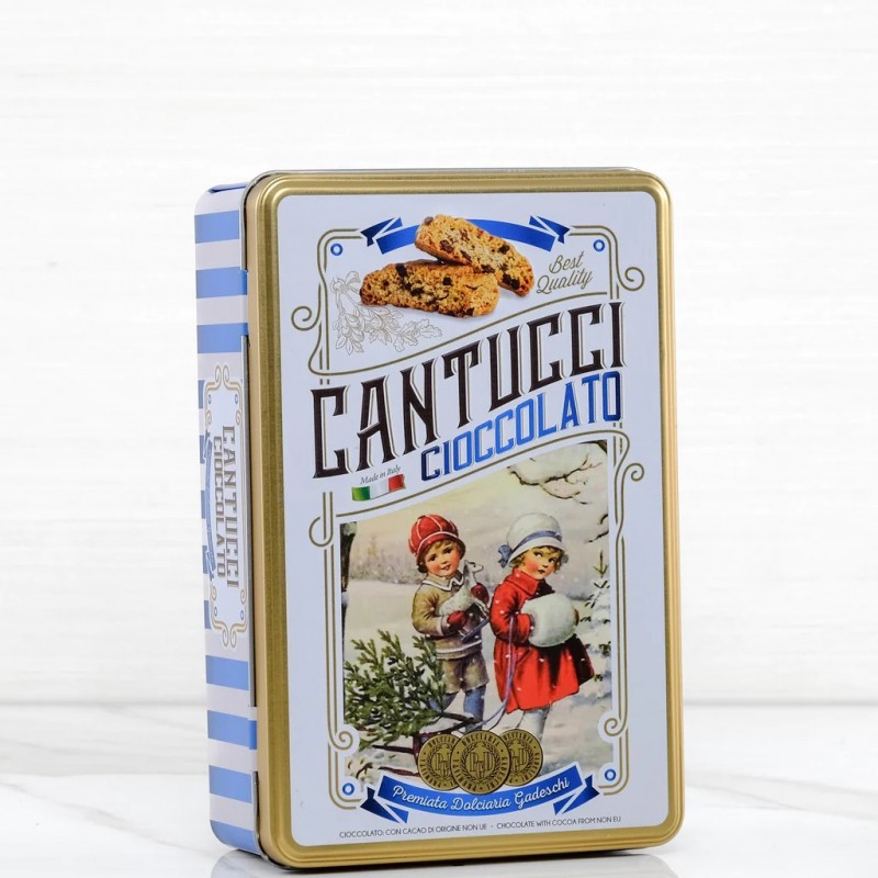 Traditional Cantuccini With Chocolate in a metal box GADESCHI 250g Sweets, cookies